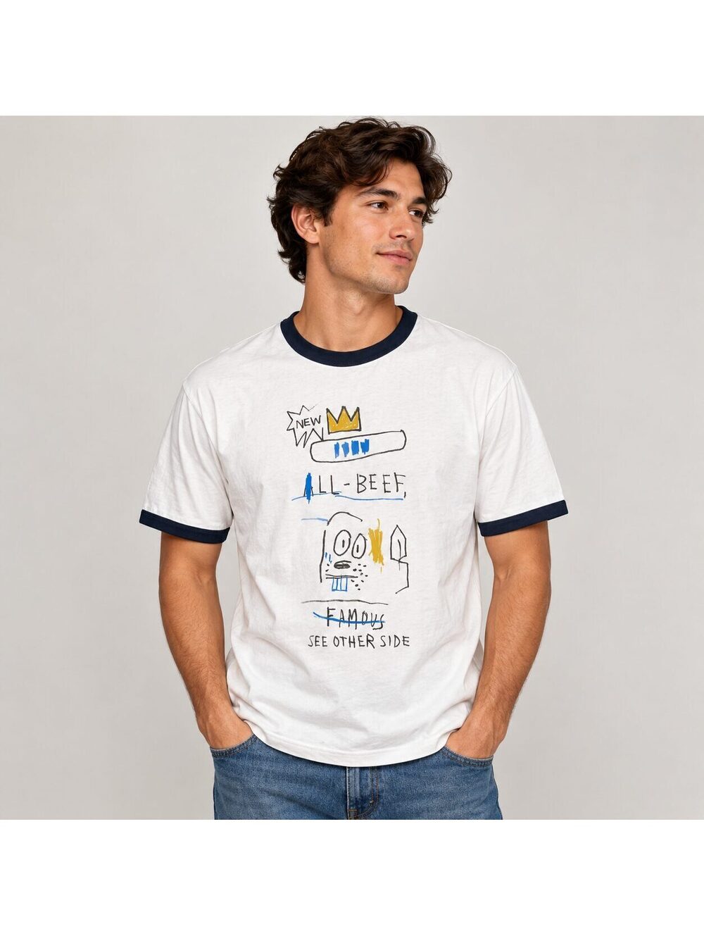 Uniqlo UT x Jean-Michel Basquiat Graphic Ringer T-Shirt White Navy Small